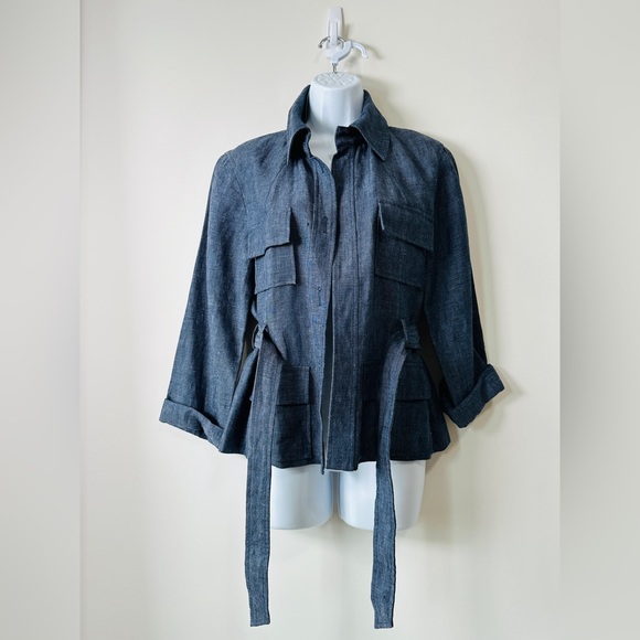 Kenneth Cole New York Denim Linen Utility Belted Jacket w Pockets Size 6 - Picture 3 of 9